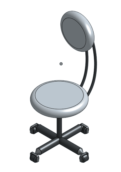 CAD model of a rolling chair with a circular seat, backrest, and five caster base