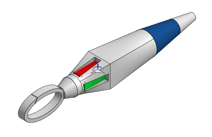 CAD model of a multi-color pen with red and green sliders and a blue rear grip